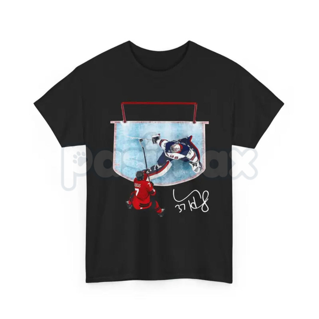 Hellebuyck "The Great Wall" Save T-Shirt - USA Ice Hockey Graphic Tee, Premium 100% Cotton Goaltender Fan Top, American Hockey Legend Streetwear, Pro-Level Save Sequence Apparel, Unique Gift for Hockey Fans & Goalies
