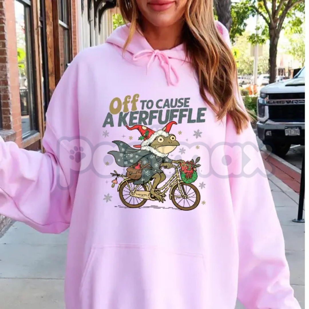 Funny Frog "Kerfuffle" Christmas Hoodie – Holiday Mischief Slogan Pullover, Family Troublemaker Gift, Unisex