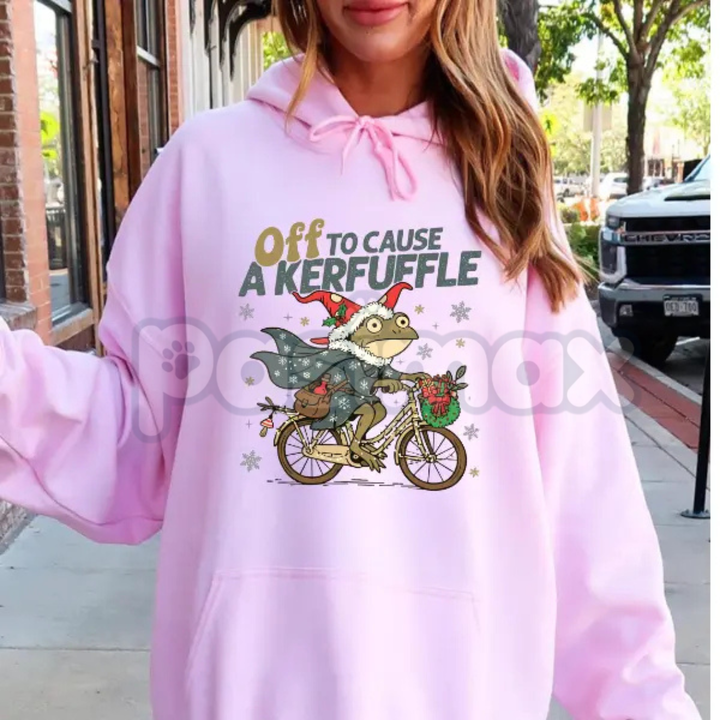 Funny Frog "Kerfuffle" Christmas Hoodie – Holiday Mischief Slogan Pullover, Family Troublemaker Gift, Unisex