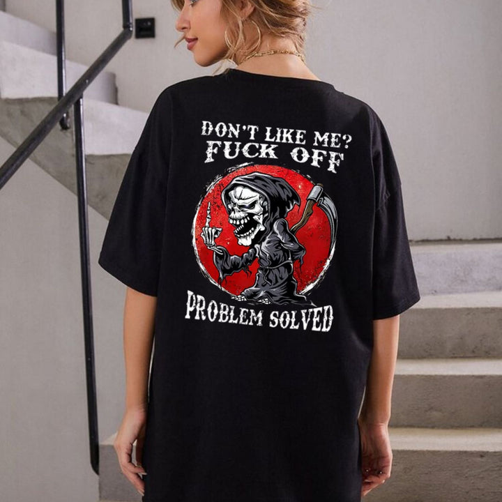 Don’t Like Me F*ck Off Problem Solved T-Shirt – Funny Halloween Graphic Tee, Unisex Casual Cotton Shirt