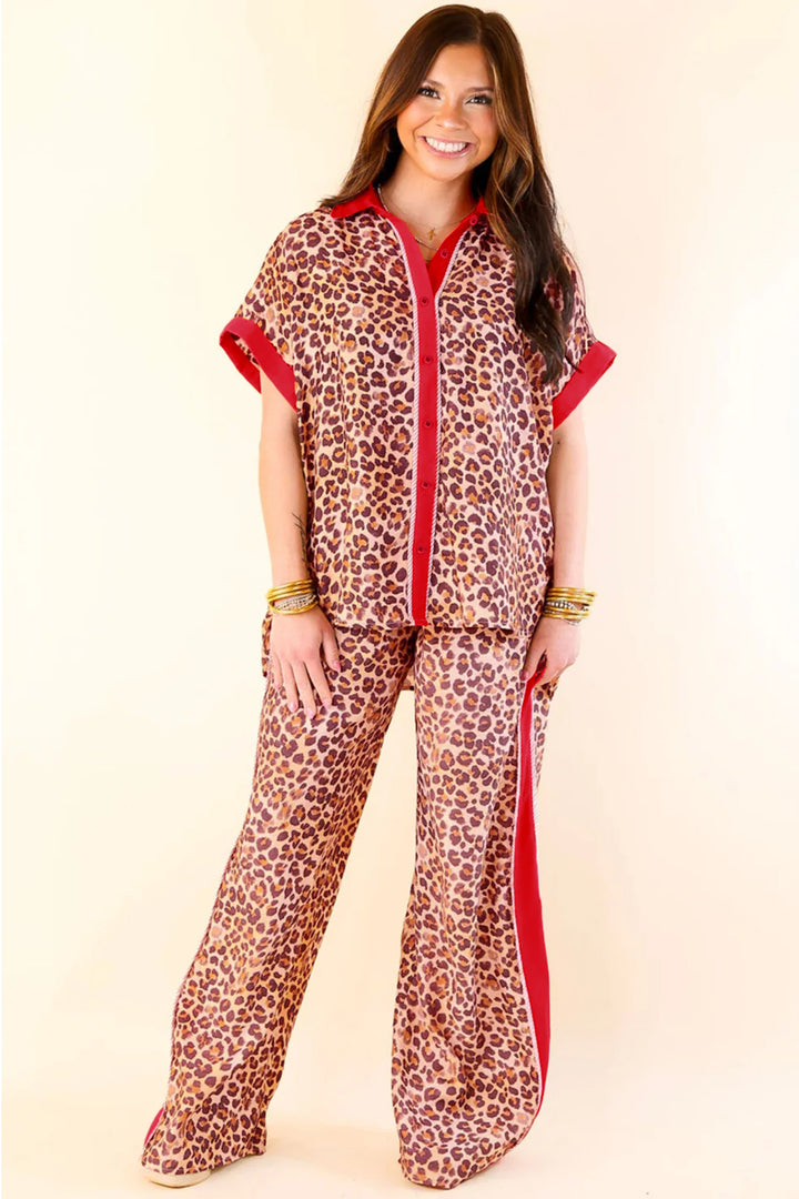 Brown Contrast Trim Leopard Top and Pant Set