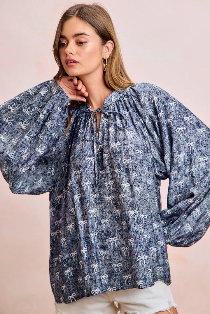 BiBi Ribbon Bow Print Exaggerated Balloon Sleeves Top