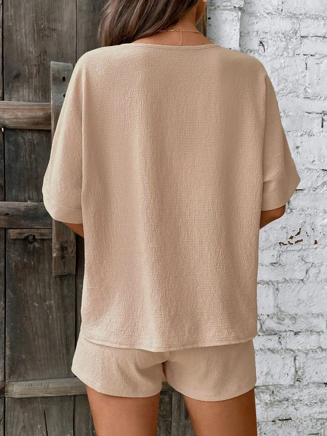 Relaxed Fit V-Neck Top and Shorts Two-Piece Set