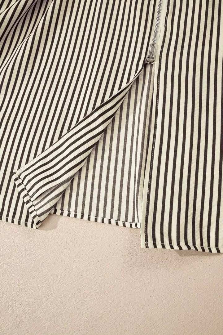 Stripe V Neck Zip Front Cinched High Waist Midi Dress