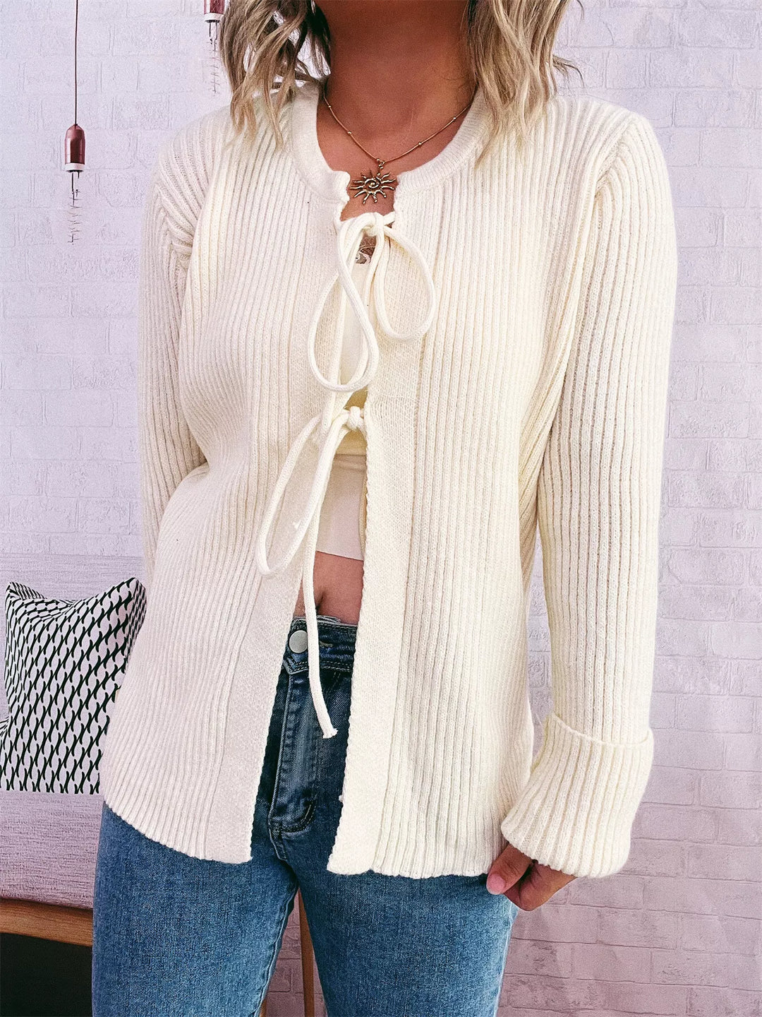 Ribbed Tie Front Long Sleeve Cardigan