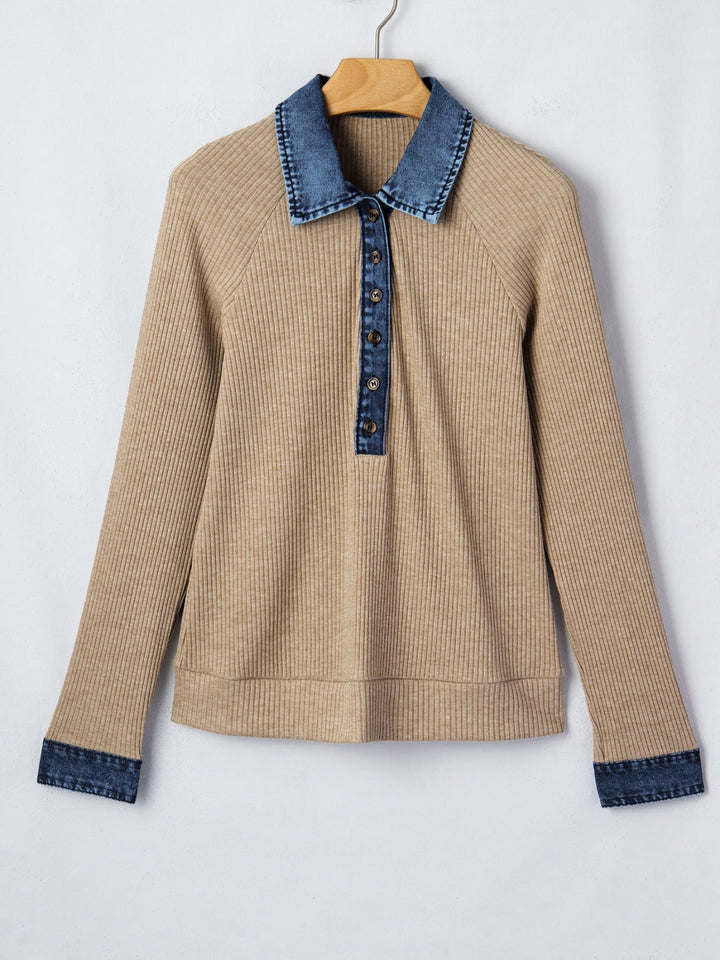 Ribbed Knit Denim Trim Button Detail Top