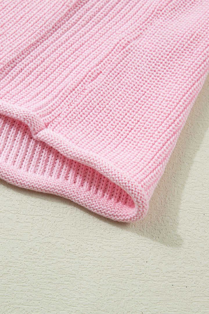 Pink Solid Color Knit V Neck Button Front Sweater Vest