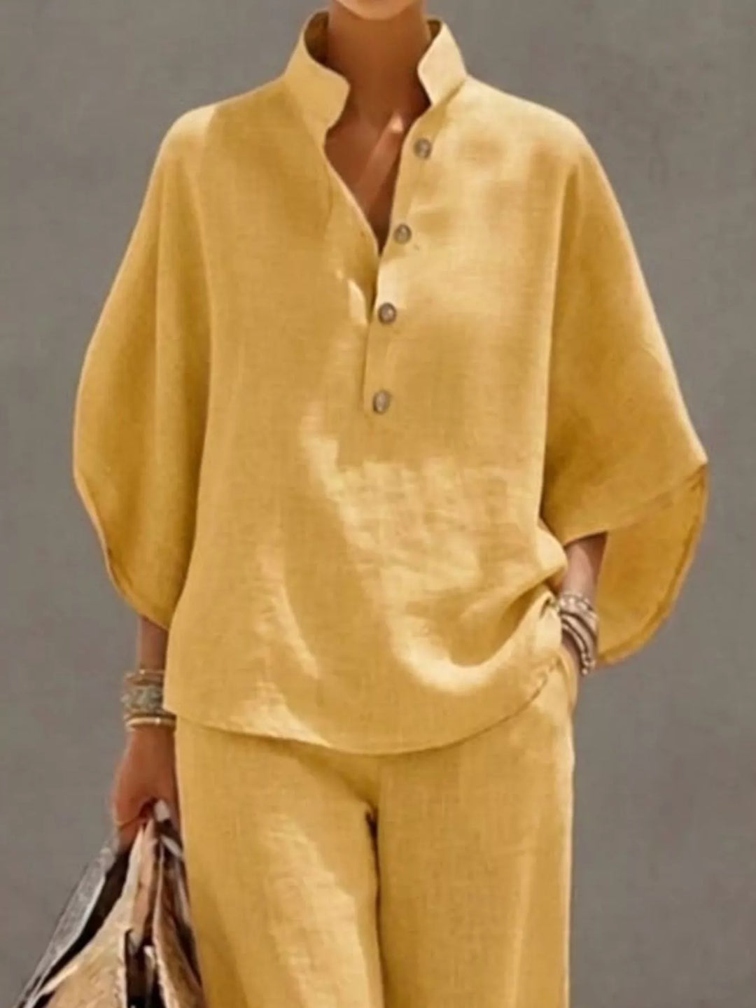 Full Size Button Detail 3/4 Sleeve Top and Pants Set Plus Size