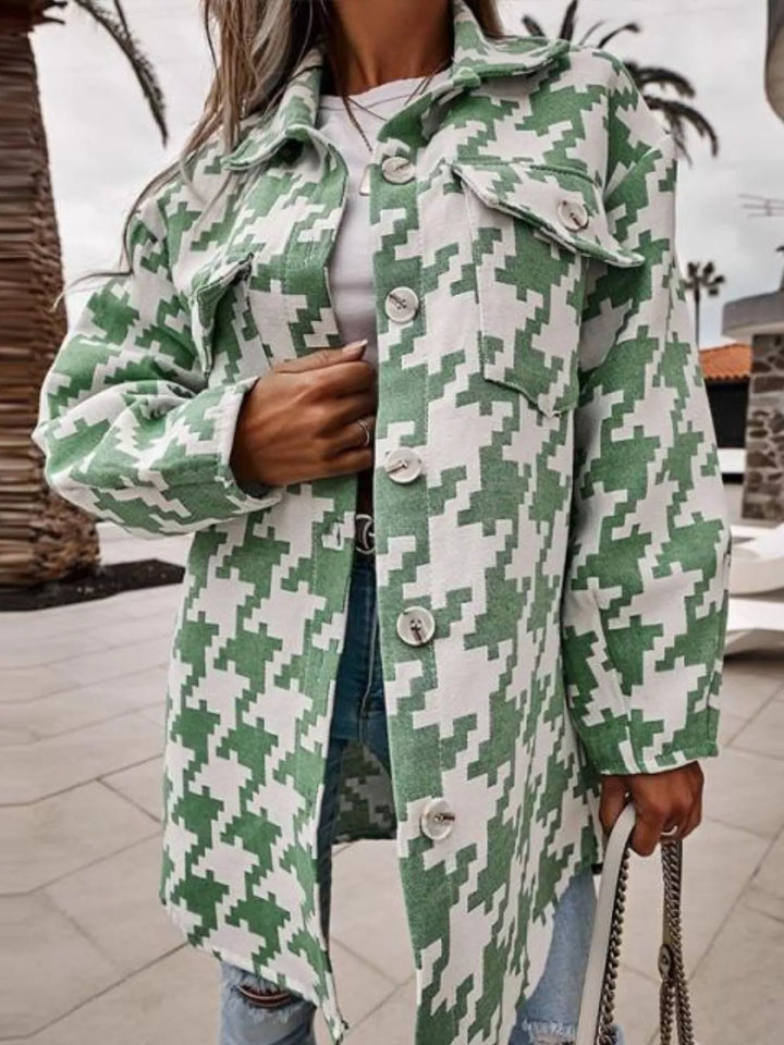 Houndstooth Button Up Long Sleeve Outerwear