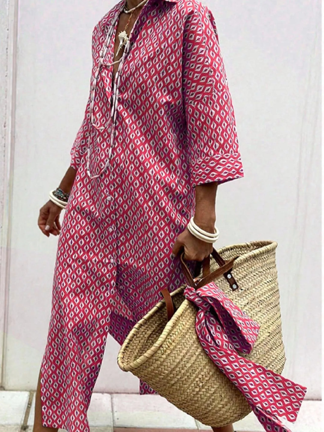 Full Size Printed Button-Down Midi Dress Plus Size