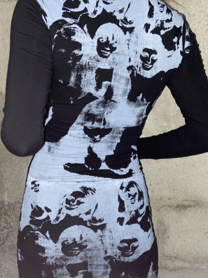 Printed Round Neck Long Sleeve Mini Dress