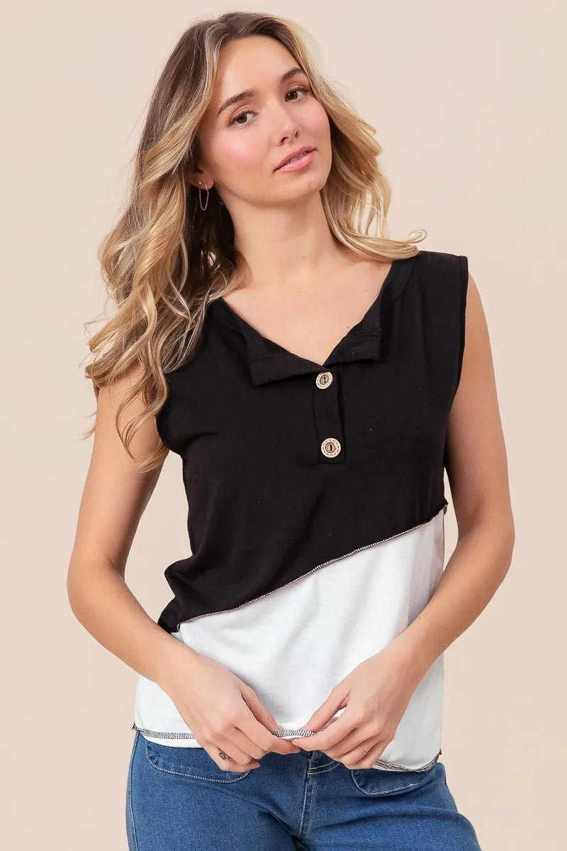 BiBi Color Block Contrast Stitching Buttoned Henley Top
