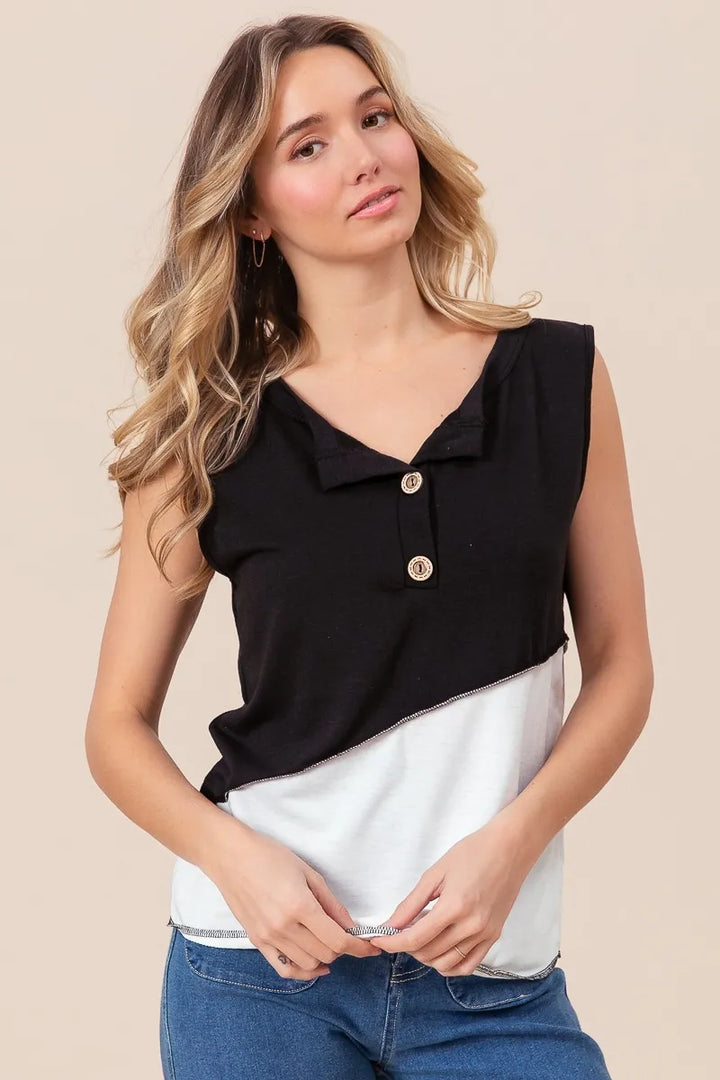 BiBi Color Block Contrast Stitching Buttoned Henley Top