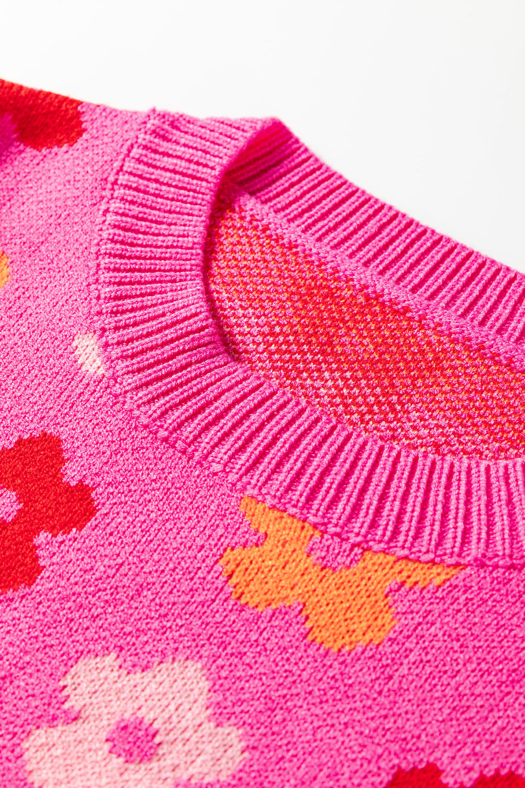 Rose Cute Flower Allover Ribbed Trimmed Drop Shoulder Pullover Sweater