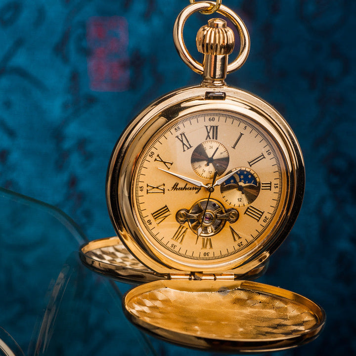 Pure Copper Double-Opening Flip-Top Mechanical Pocket Watch Sun Moon And Stars