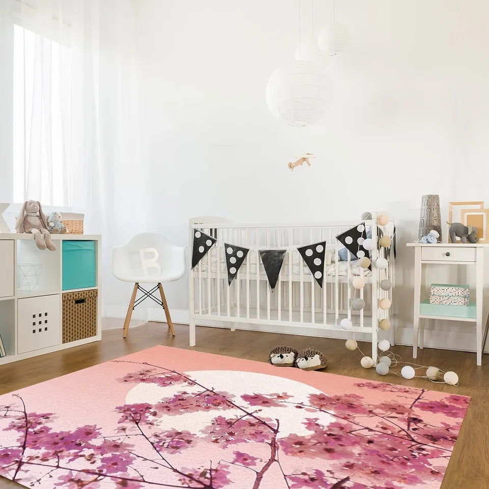 Pastel Cherry Blossom And Crescent Moon Non-Slip Flannel Floor Mat Home Rug Decoration