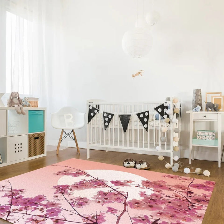 Pastel Cherry Blossom And Crescent Moon Non-Slip Flannel Floor Mat Home Rug Decoration