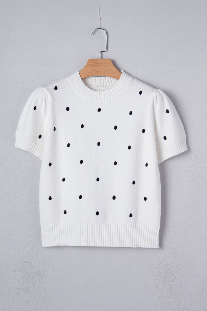 White Elegant Polka Dot Bubble Short Sleeve Sweater