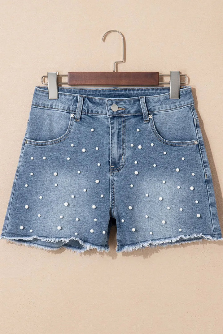 Pearl Beaded Raw Hem Wash Denim Shorts