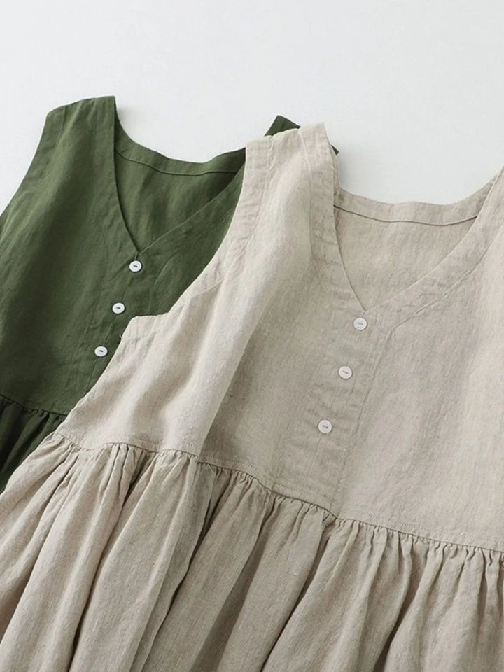 V-Neck Button Detail Sleeveless Midi Dress