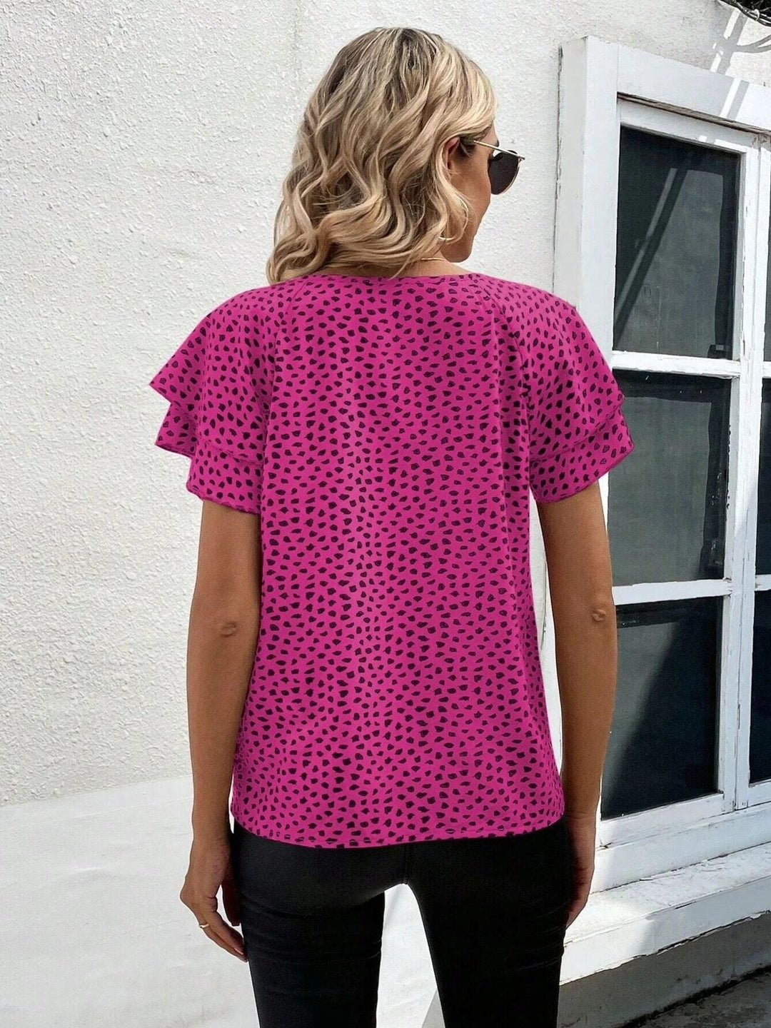 Animal Print Ruffle Sleeve Blouse