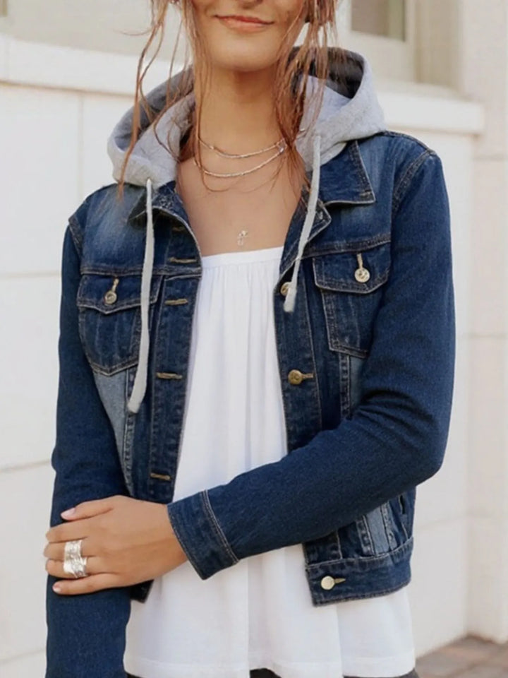 Full Size Button Up Drawstring Hooded Denim Jacket Plus Size