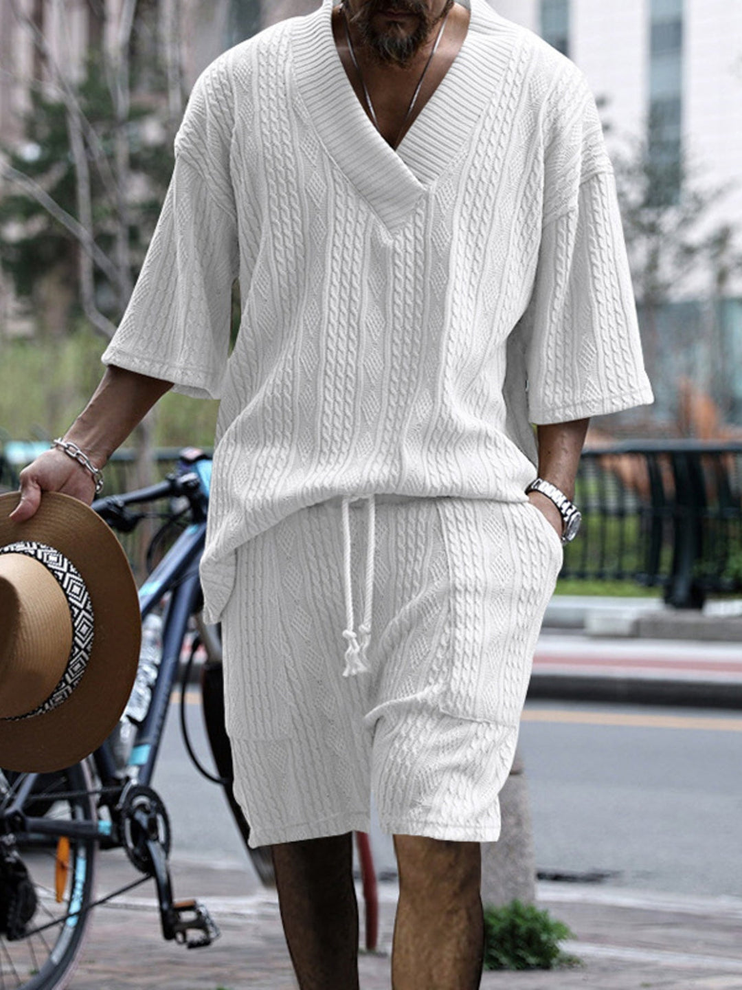 Men's Full Size Casual Knit V-Neck Short Sleeve Top and Shorts Set Plus Size