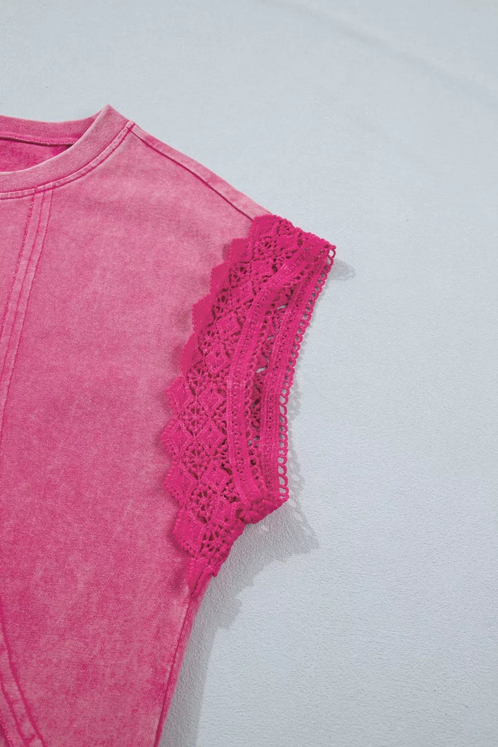 Mineral Wash Raw Seam Detail Lace Trim Cap Sleeve Top