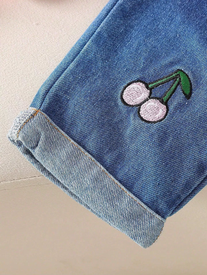 Children's Cherry Embroidered Knit Top and Jeans Set