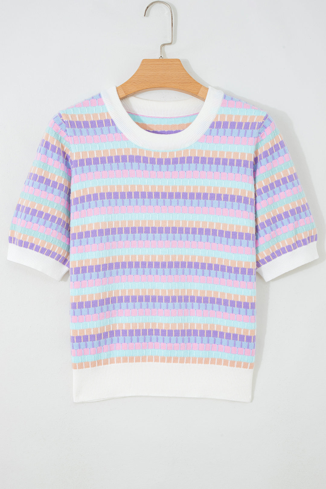 Purple Abstract Striped Knit Short Sleeve Sweater