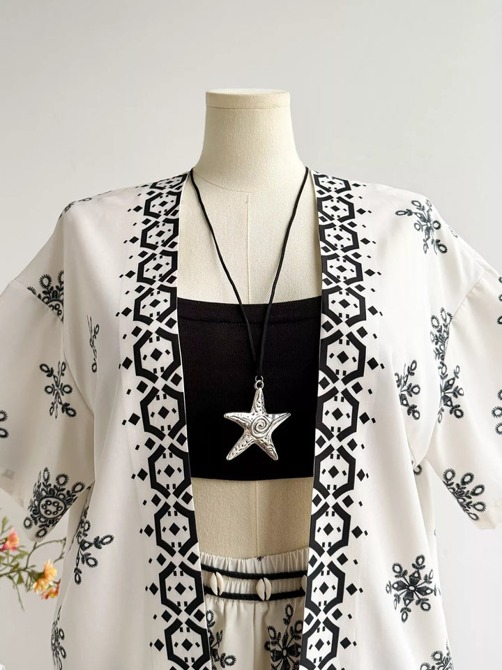 Plus Size Printed Open Front Cardigan and Shorts Set