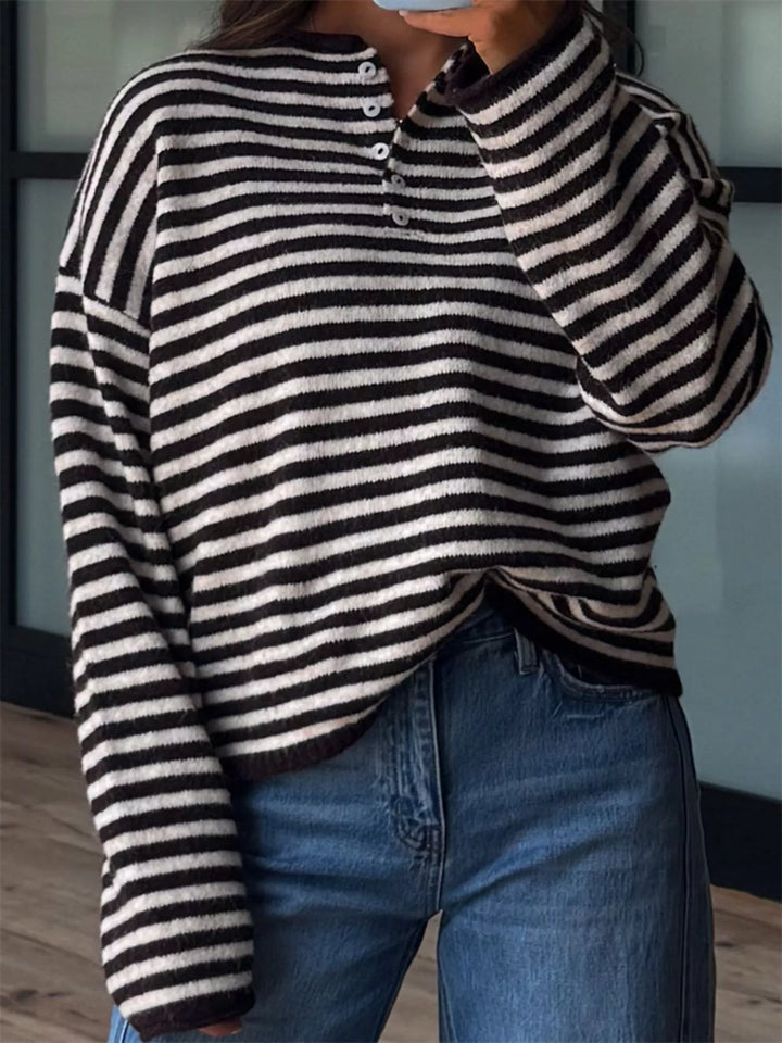 Button Detail Dropped Shoulder Striped Sweater
