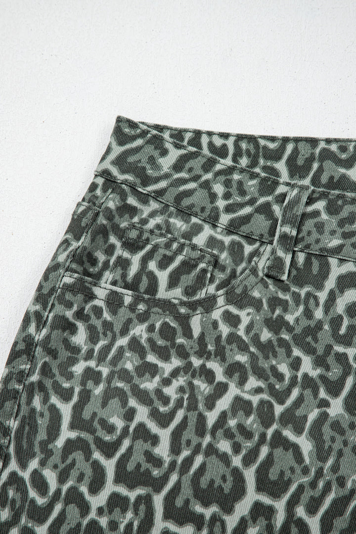 Gray Leopard Frayed Edge Wide Leg High Waist Jeans