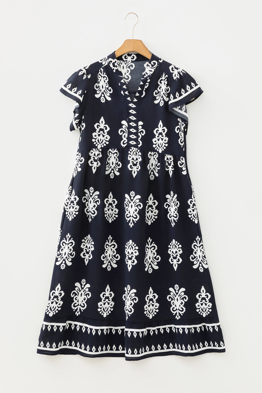 Blue Western Ethnic Print Notched Neck Short Sleeve Midi Dress