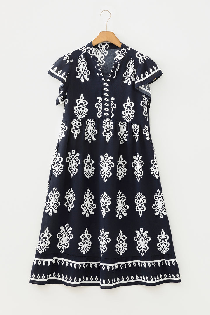 Blue Western Ethnic Print Notched Neck Short Sleeve Midi Dress
