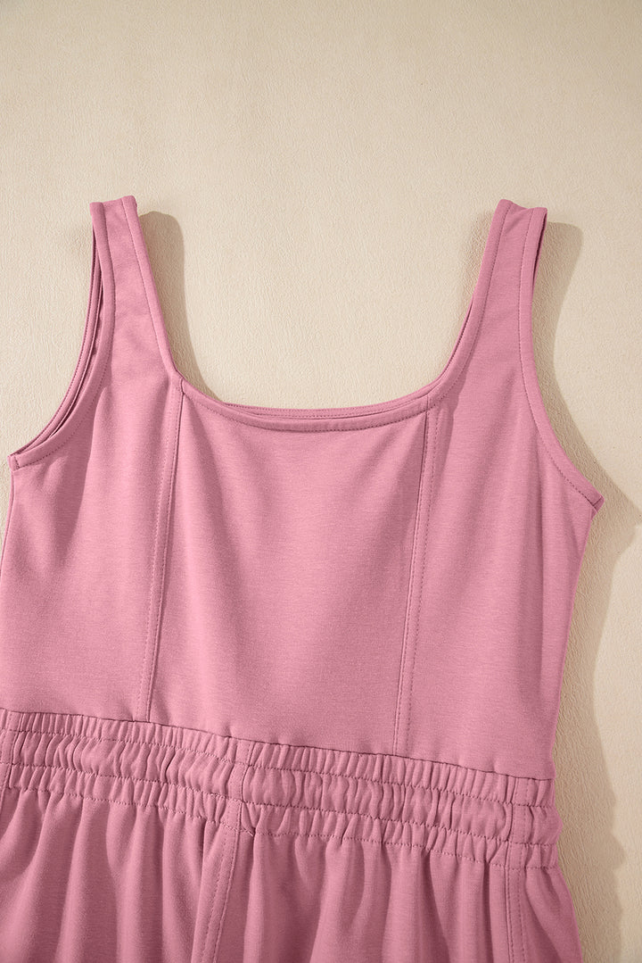 Light Pink Lace-up Elastic Waist Sleeveless Square Neck Jumpsuit