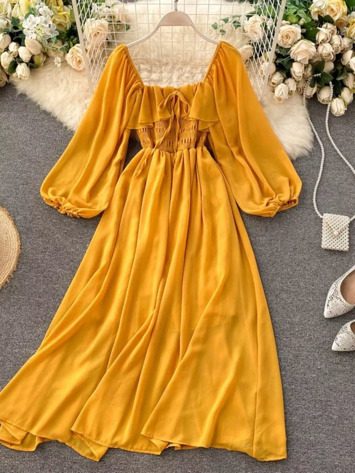 Ruffle Square Neck Balloon Sleeve A-Line Dress