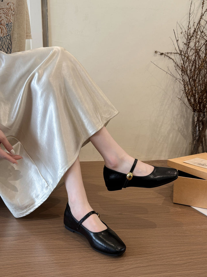 Women Black Flat Low Heel Leather Mary Janes, New Summer Versatile French Style Daily Shoes Matching Skirts
