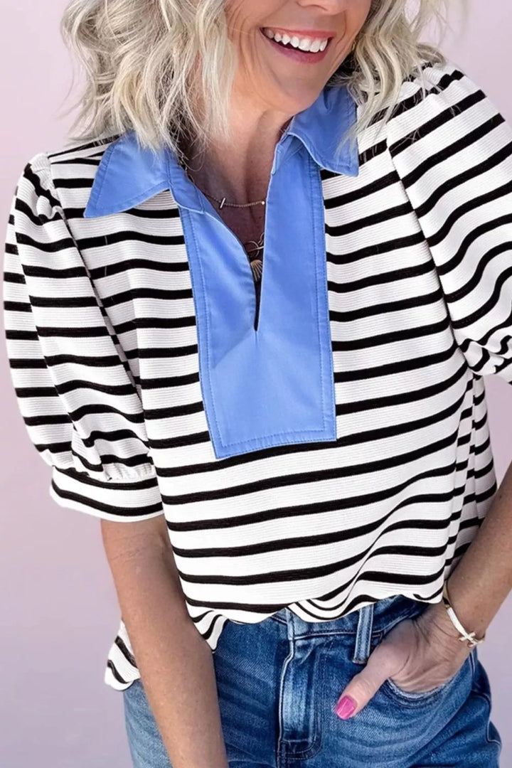 Striped Puff Sleeve Blouse with Contrast Collar