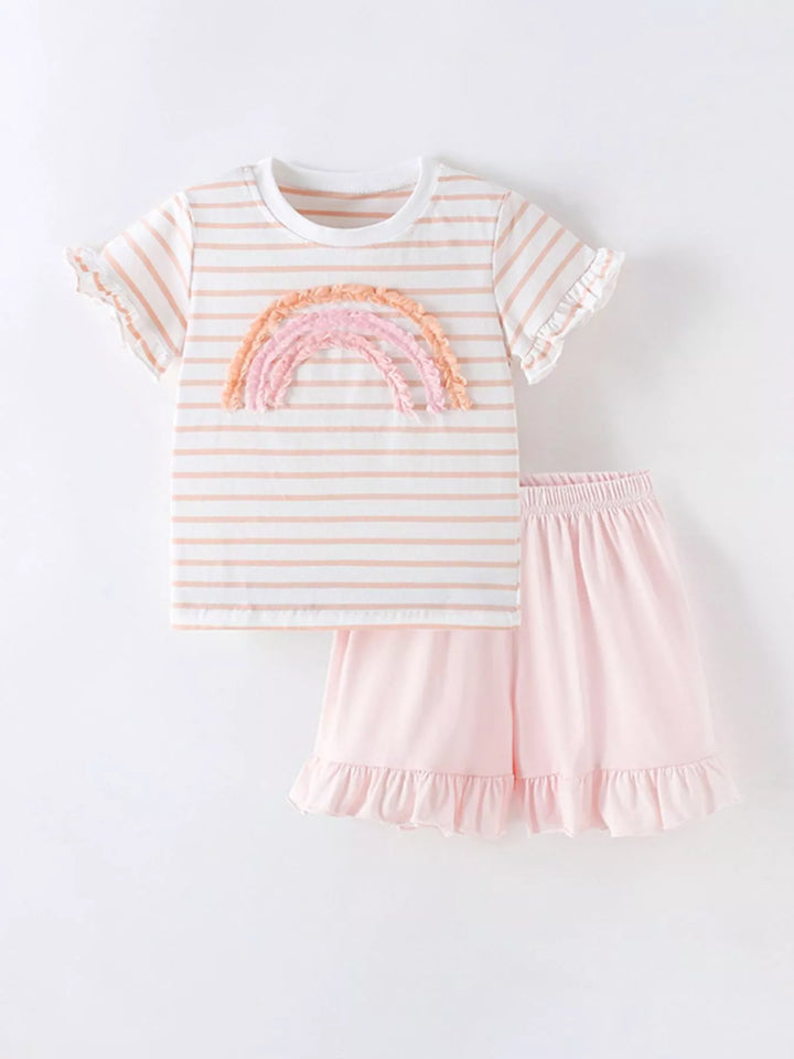 Children's Rainbow Striped Ruffle Trim Tee and Shorts Set