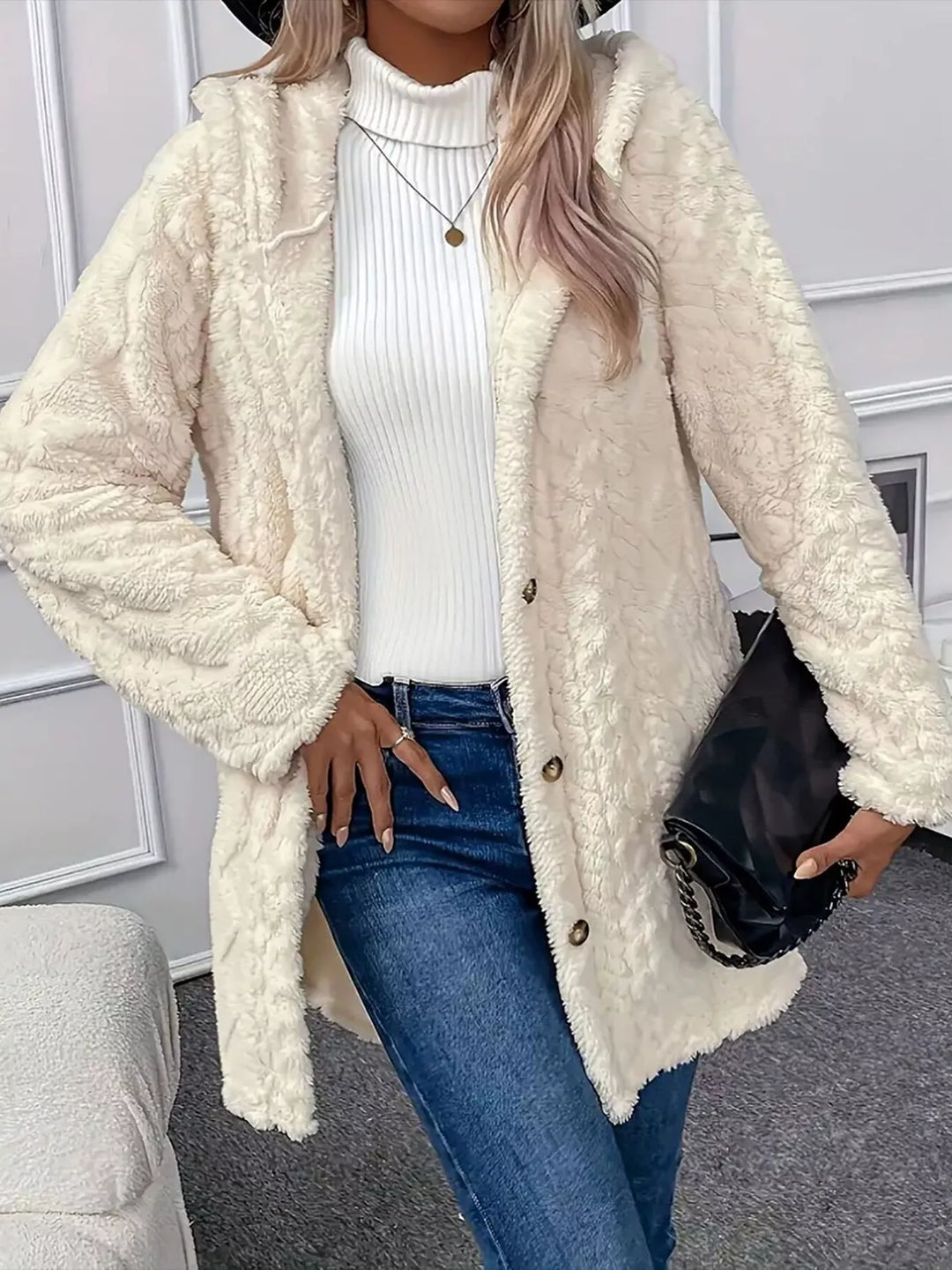 Faux Fur Teddy Coat with Button Front