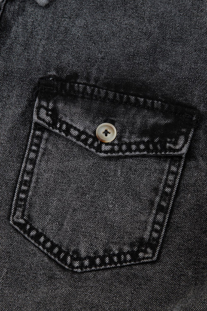 Short Sleeve Flap Pocket Button Up Raw Hem Denim Shirt