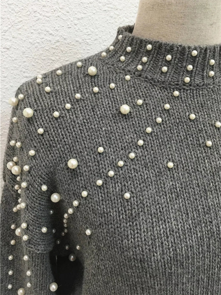 Pearl-Embellished Mock Neck Sweater