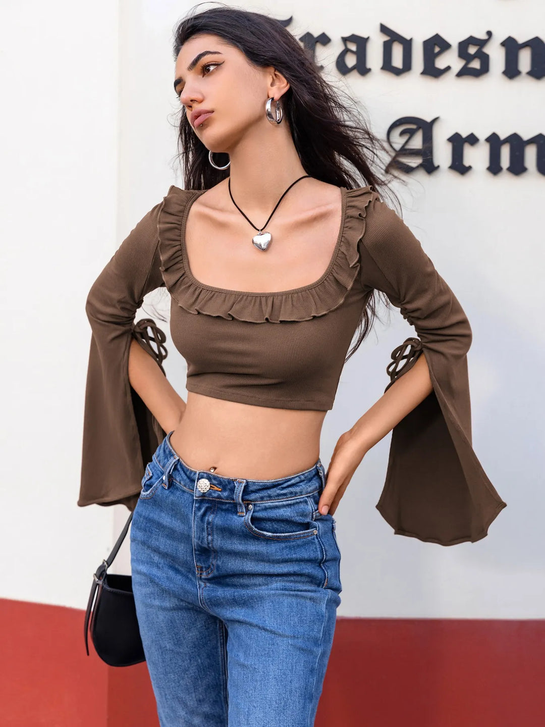 Ruffled Square Neck Long Sleeve Top