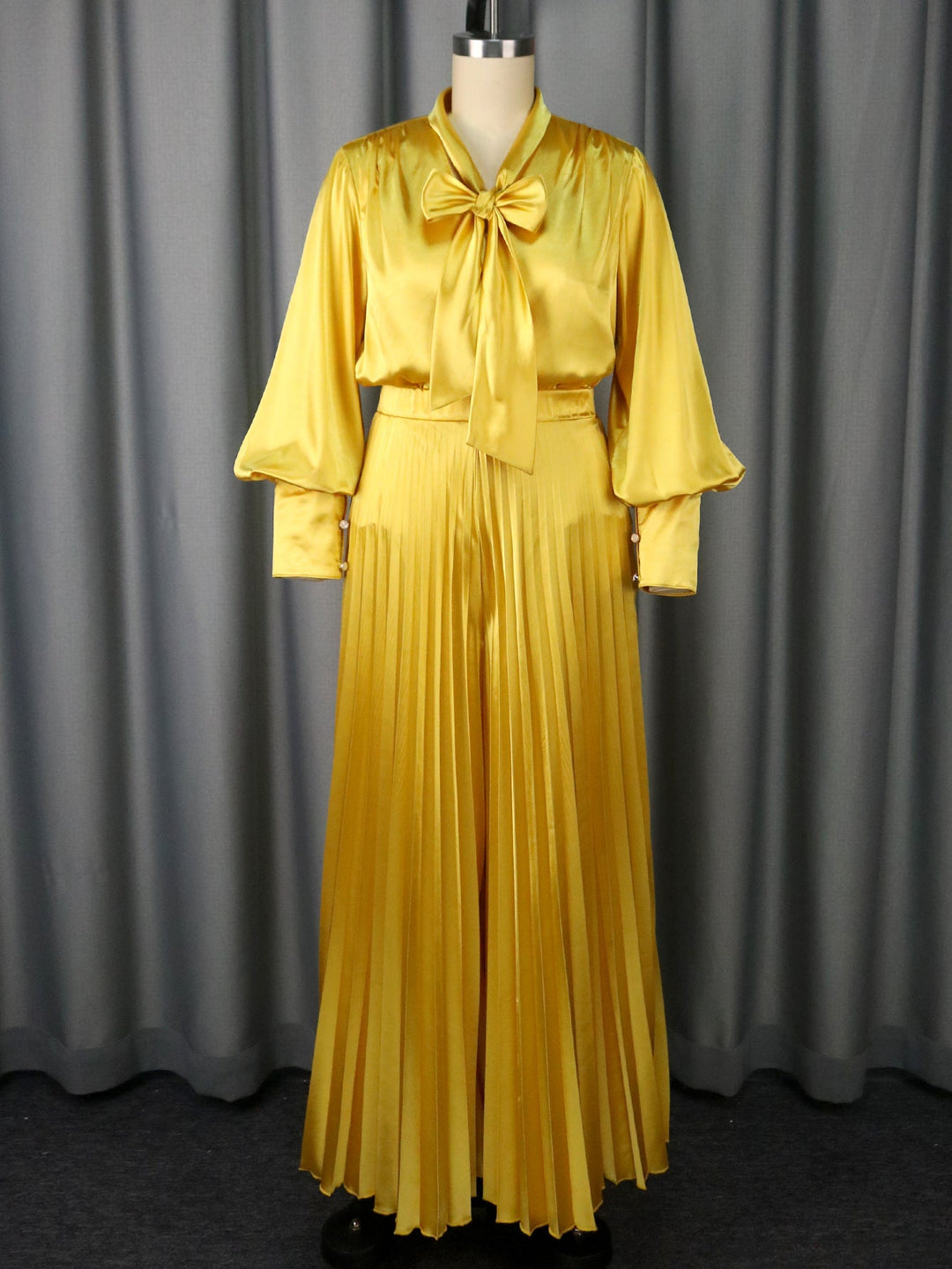 Sexy V-neck Bow Long Sleeve Top Elegant Pleated Wide Leg Trousers Suit