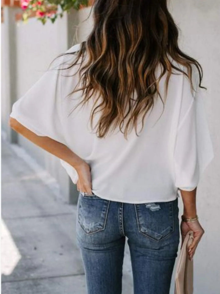 Full Size Ruched Three-Quarter Sleeve Blouse Plus Size
