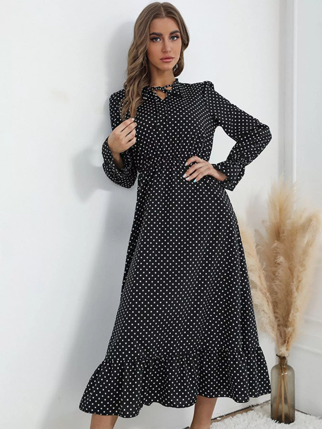Polka Dot Ruffle Hem Midi Dress
