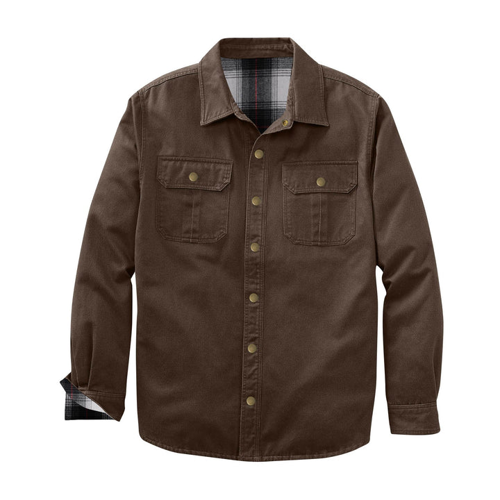 Washed Canvas Work Jacket With A Plaid Lining, Durable And Warm