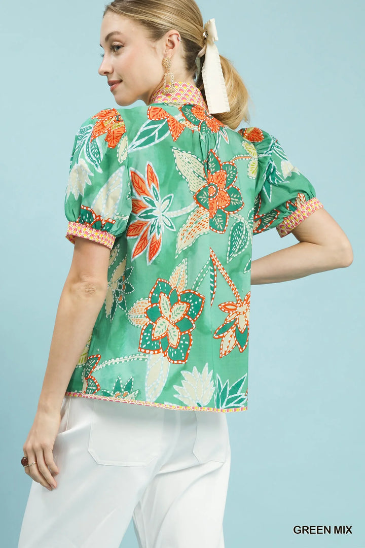 Umgee Mixed Abstract Print Puff Sleeve Blouse