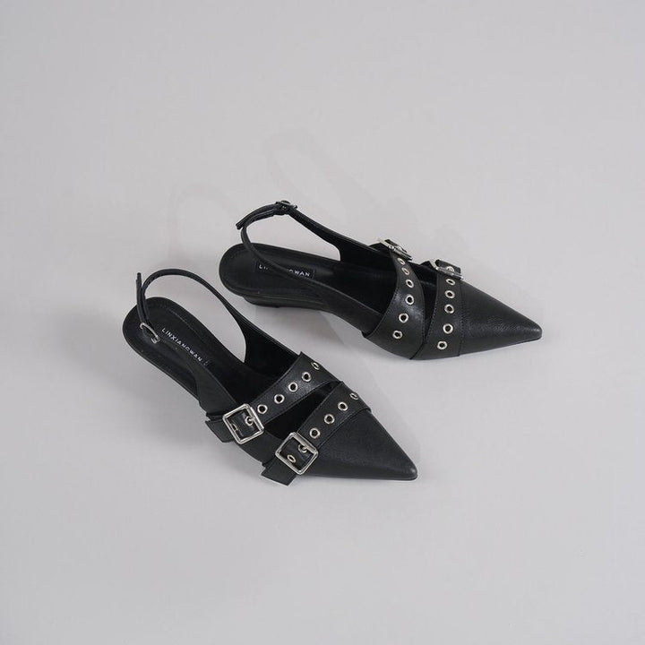 Women Pointed Toe High Heel Mules, Belt Buckle Closed Toe Slide Sandals, Vintage Backless Pumps For Outdoor Wear